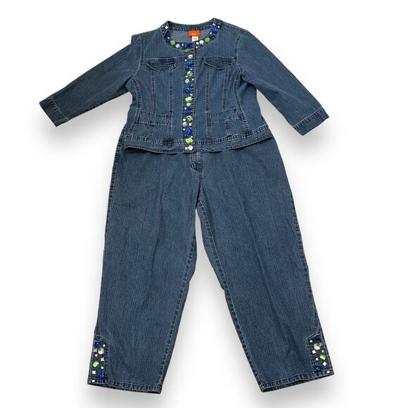 80s 90s Vintage Hearts of Palm rhinestone embellished denim jean suit - Picture 1 of 13